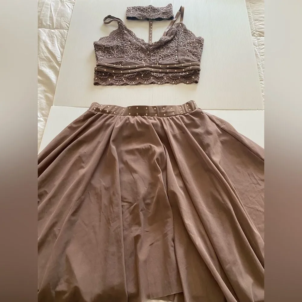 Weissman Elite solo custom Dance costume brown Lace 2 piece Top Skirt SL11015 MA